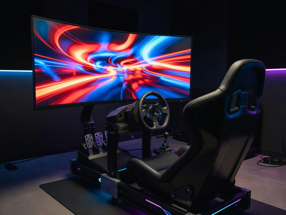 Curved ultrawide display mounted on a racing simulator